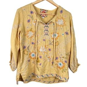 Johnny Was Floral Embroidered Blouse Women's Y2K Sz-S Yellow Flowy Boho Cottage
